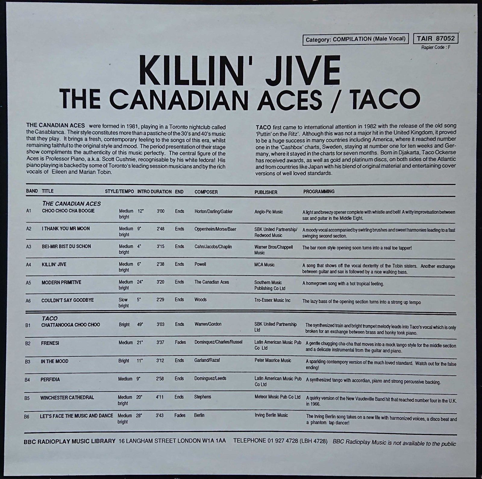 Picture of TAIR 87052 Killin' jive by artist The Canadian Aces from the BBC records and Tapes library